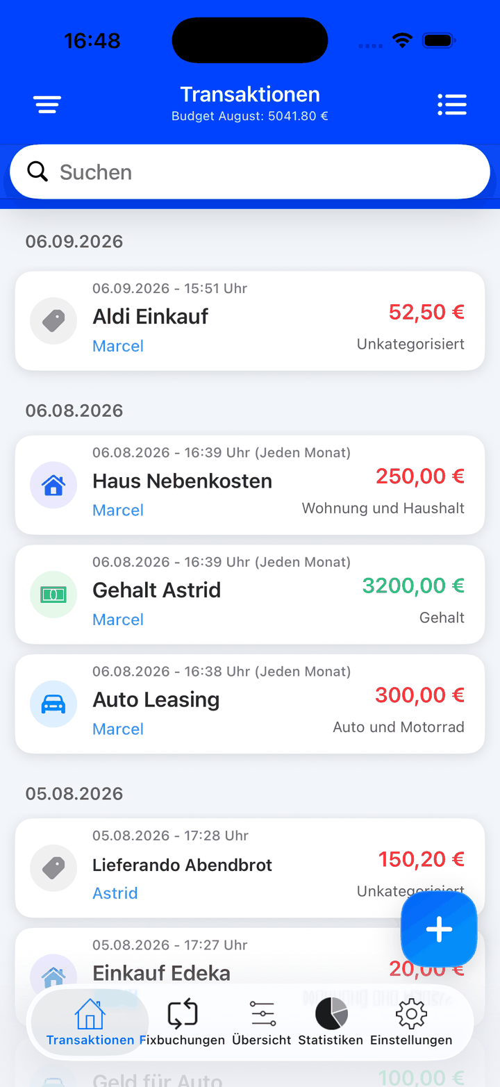 Liste aller Transaktionen mit Kategorie und Person