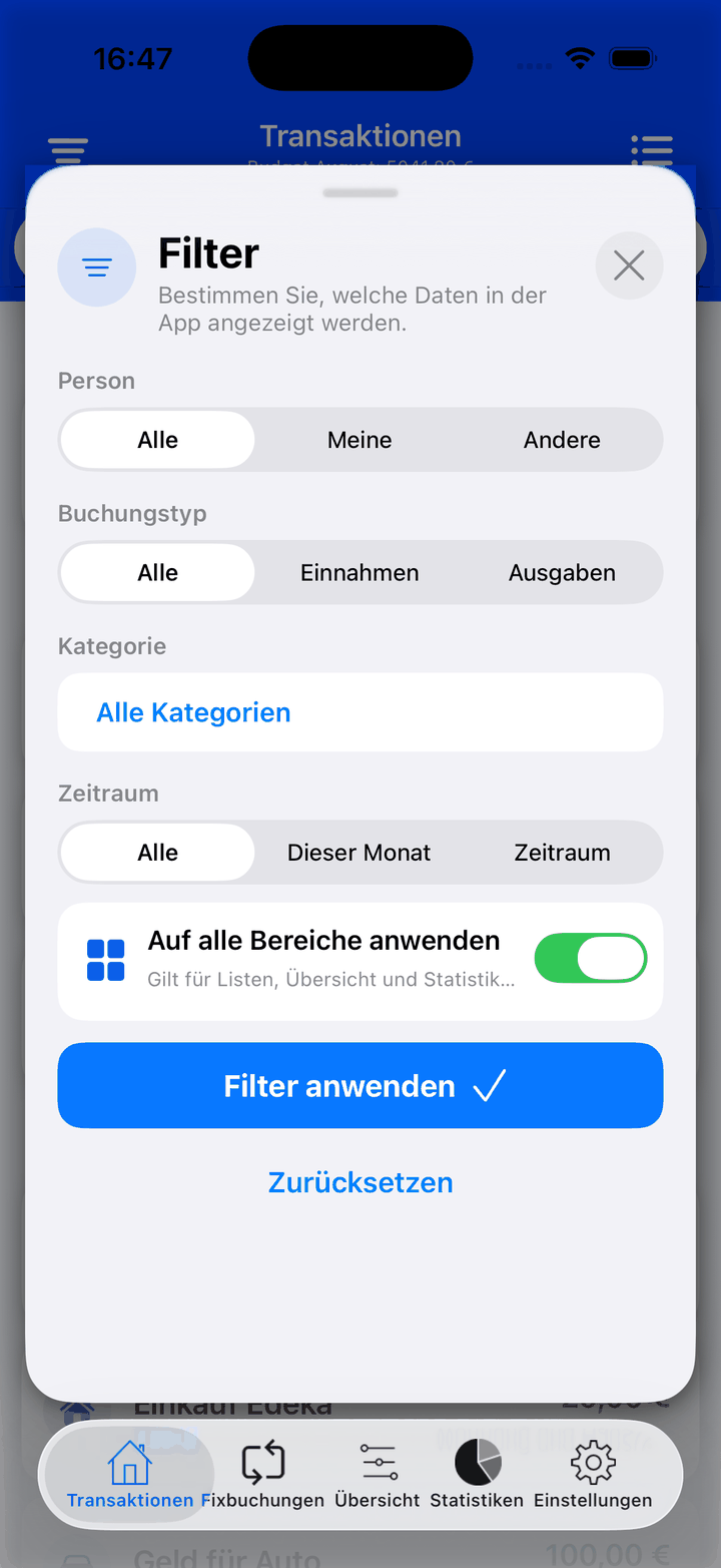 Filter nach Person, Buchungstyp, Kategorie und Zeitraum