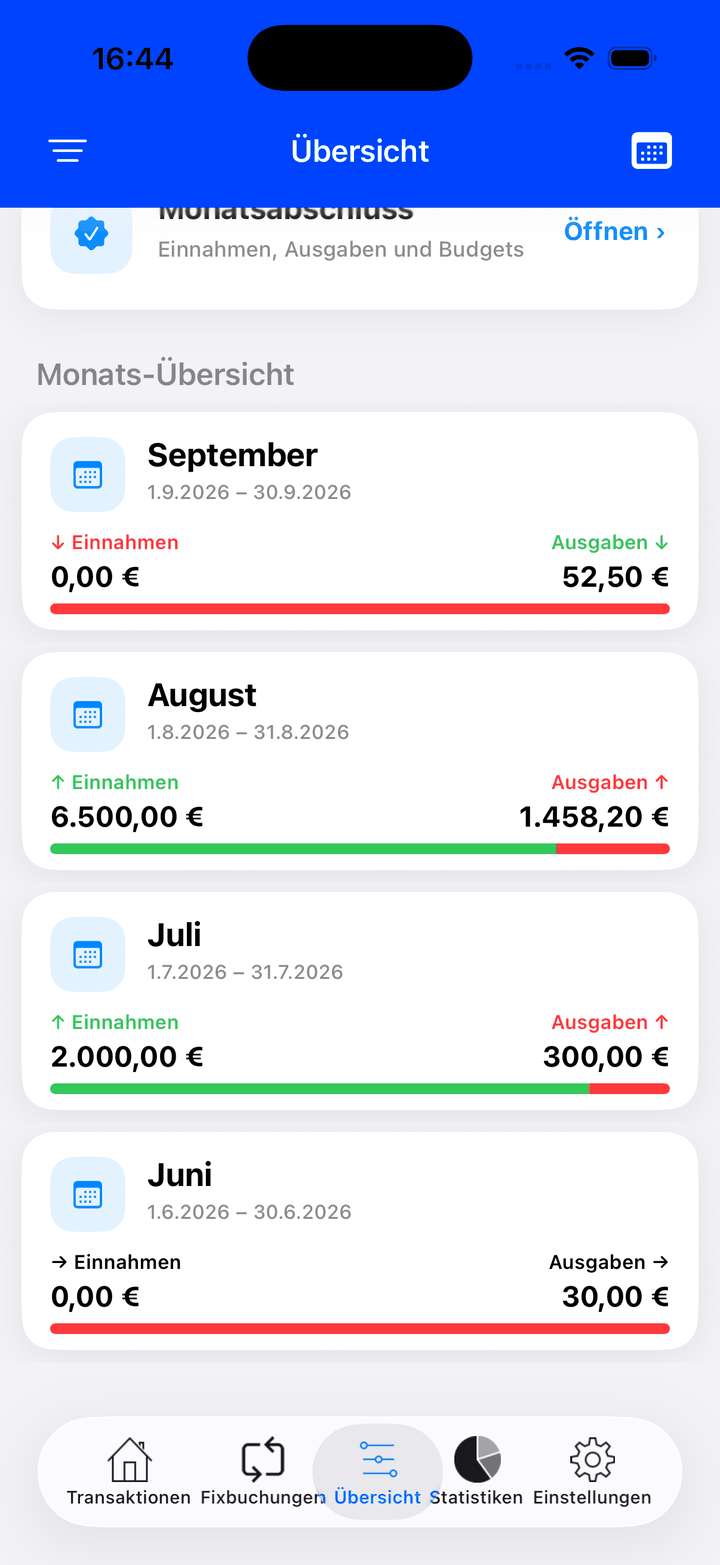 Monats-Übersicht mit Einnahmen und Ausgaben je Monat